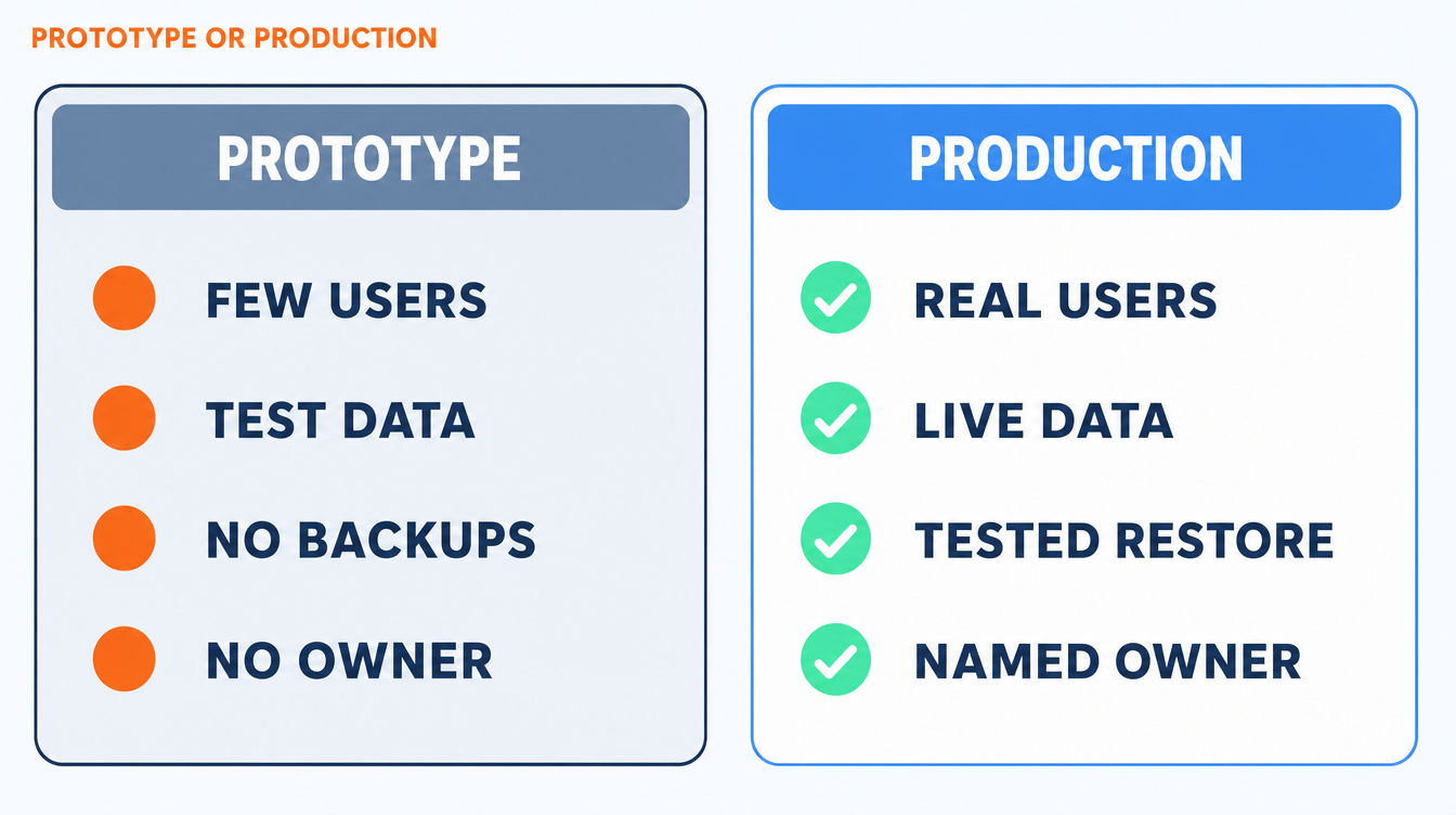 Two-column comparison of a prototype AI-built app against a production-ready one, contrasting trusted users and test data with role-based access, real data, backups and a named owner.
