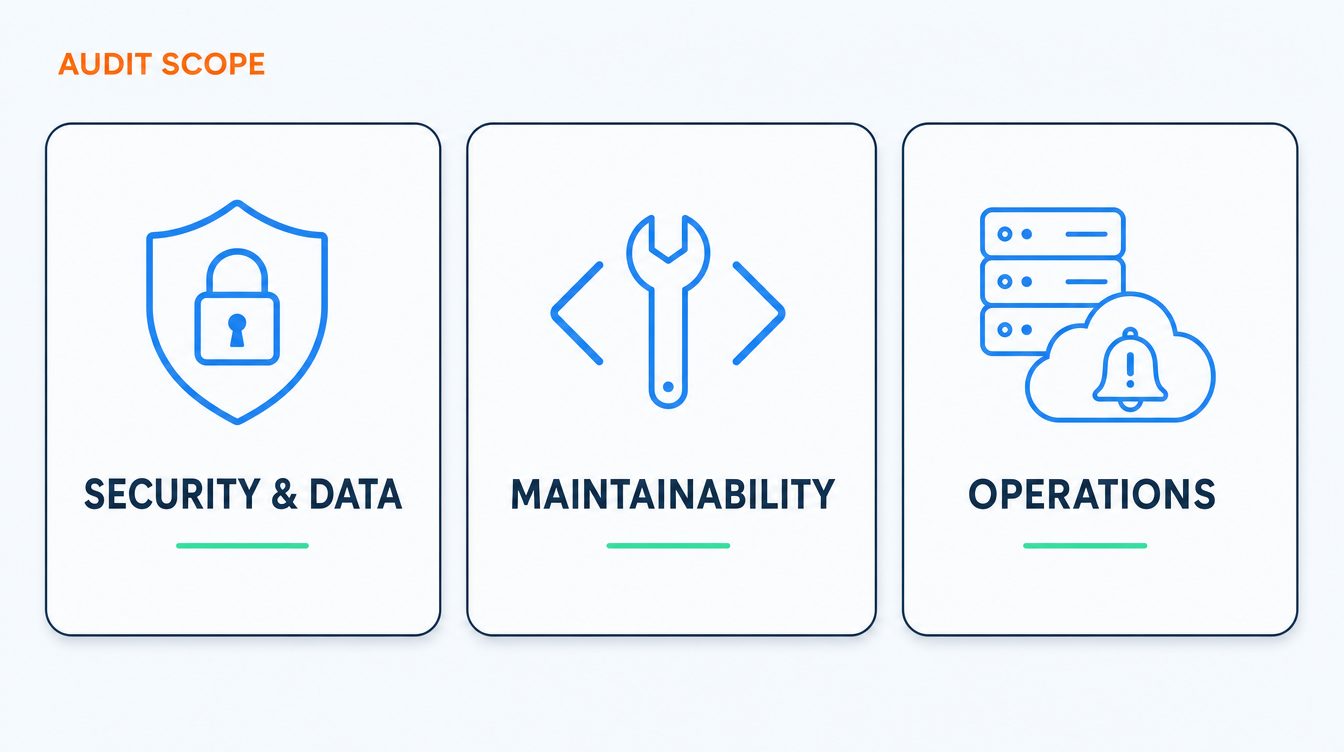 Three cards showing what an audit of an AI-built application looks at: security and data handling, maintainability of the code, and operational readiness for production traffic.