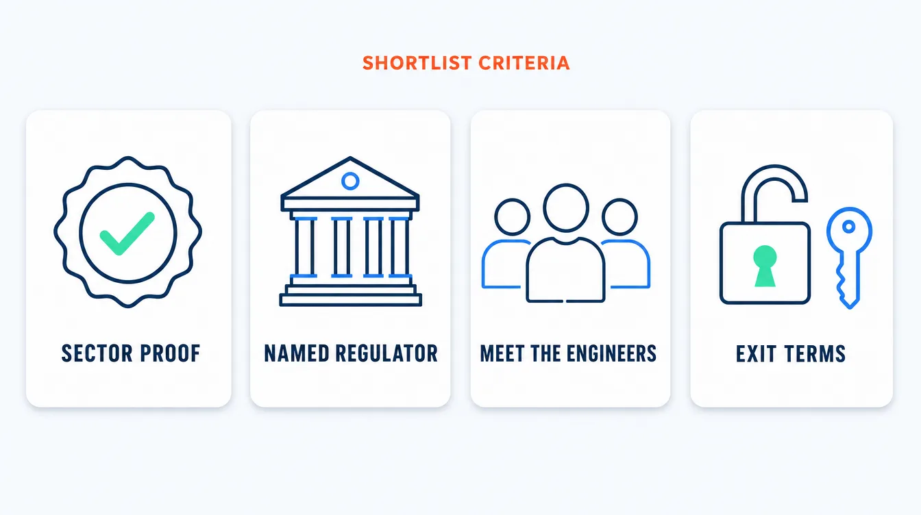 A four-card row showing the shortlist criteria an Irish AI consultancy should satisfy: sector proof, a named regulator, engineers you can meet before signing, and exit terms you control.