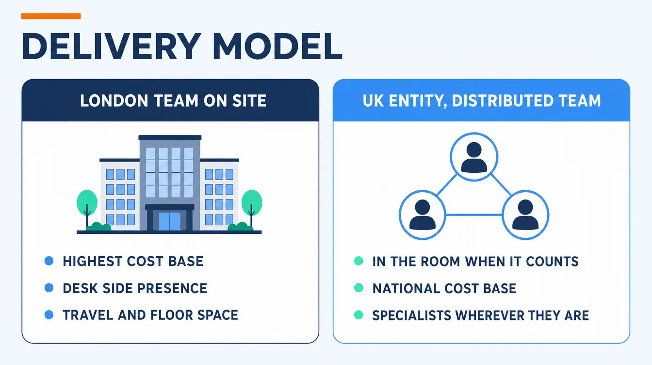 Comparison of two delivery models for an AI consultancy in London: a full on-site London team with the highest cost base, against UK-registered distributed delivery that puts people in the room for discovery and governance while engineering happens where the right specialists are.