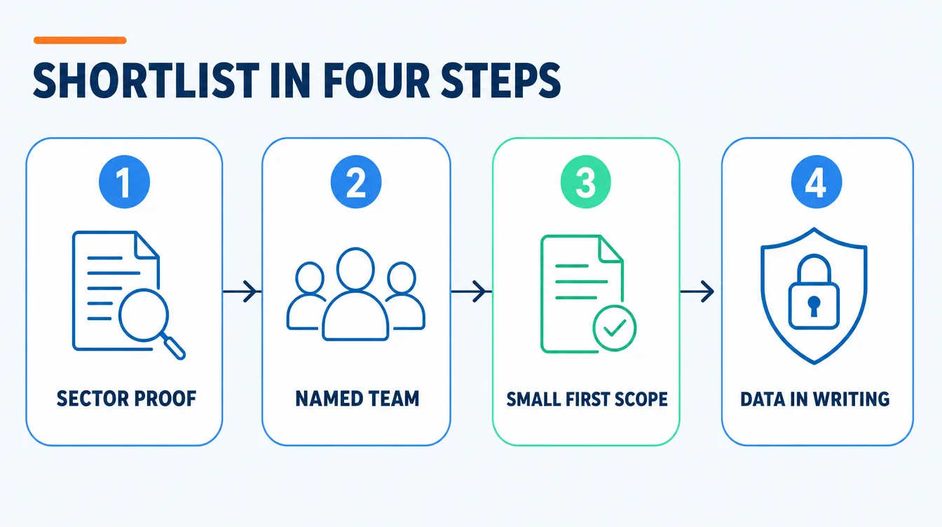 The first four of the six checks for shortlisting an AI consultancy in London, in order: sector proof, the named delivery team, a small fixed-price first scope, and data handling agreed in writing.