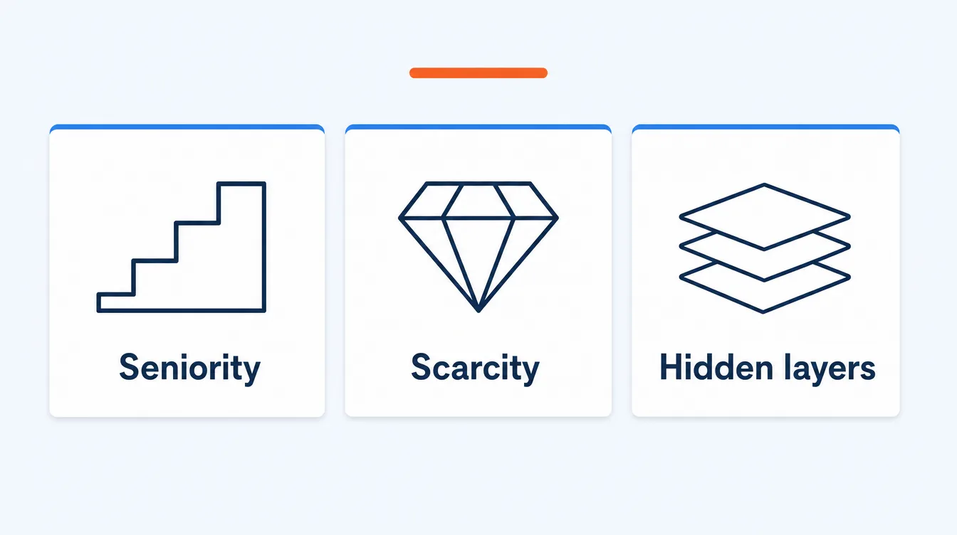 Three cards showing what moves an AI consultant's day rate: seniority and production track record, scarcity of the specialism, and the agency or prime contractor layers hidden inside the quoted rate.