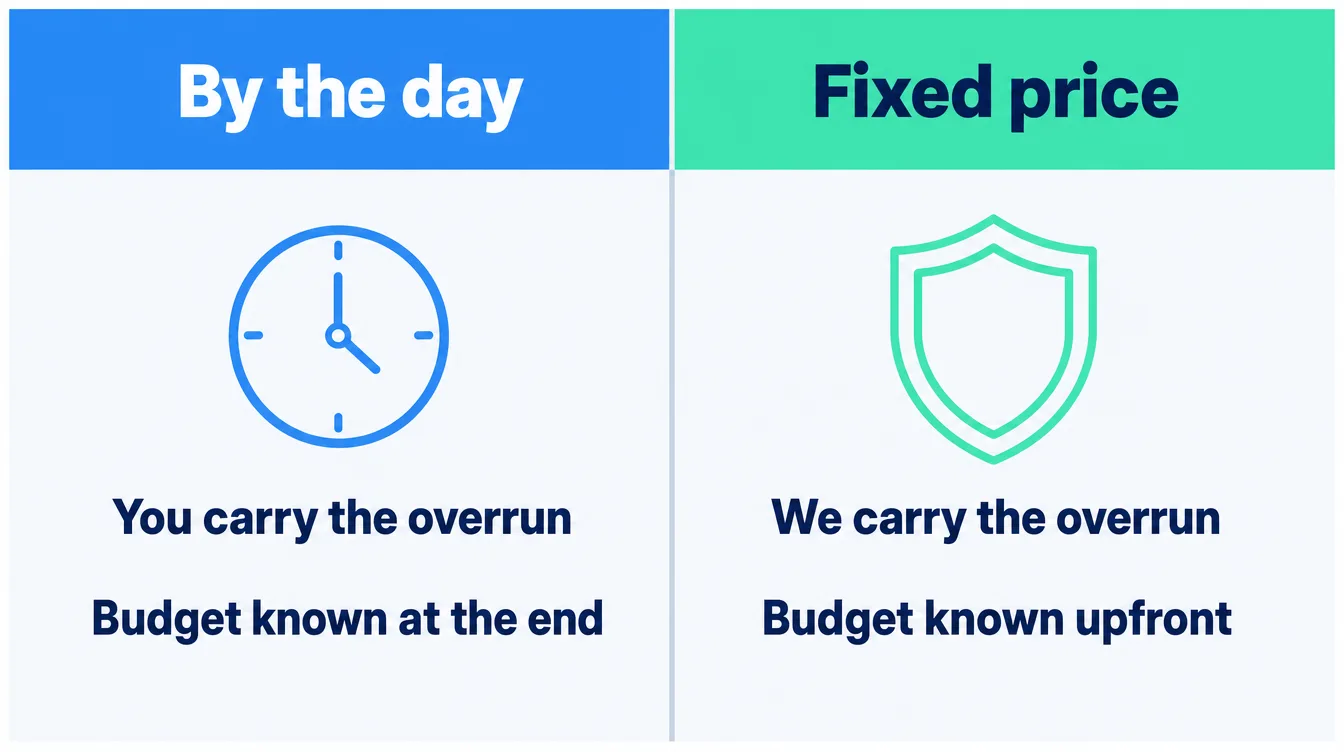 Two-column comparison of buying AI consulting by the day versus at a fixed price, showing who carries the overrun, when the budget becomes known, and how change requests are handled under each model.