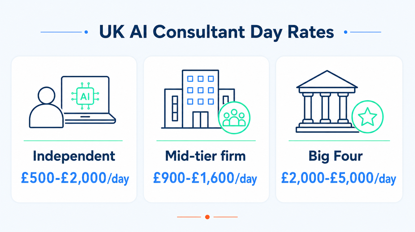 Three cards comparing UK AI consultant day rates: independent £500 to £2,000 a day, mid-tier firm £900 to £1,600 a day, and Big Four firms £2,000 to £5,000 a day, market figures 2026.