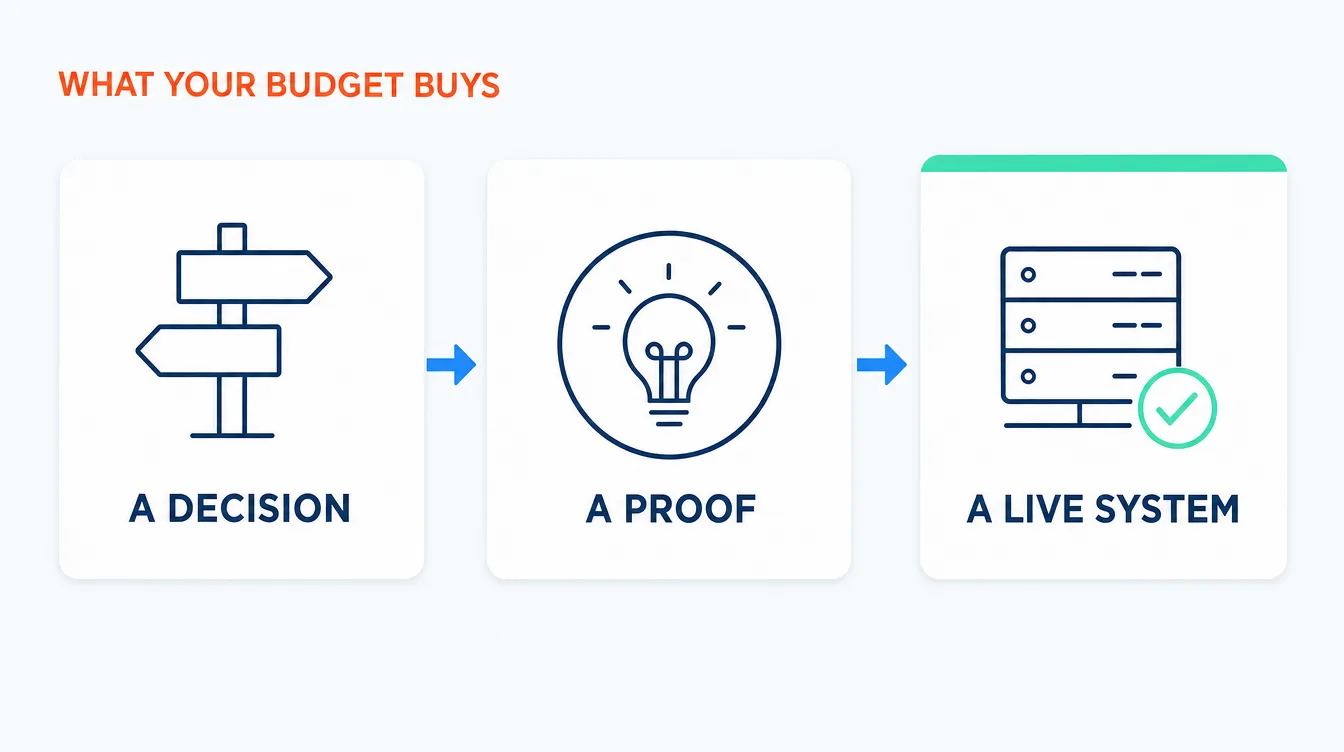 Three-card diagram showing the three things an AI consulting budget can buy: a decision, a proof, or a live system, with only the last one producing software that runs.