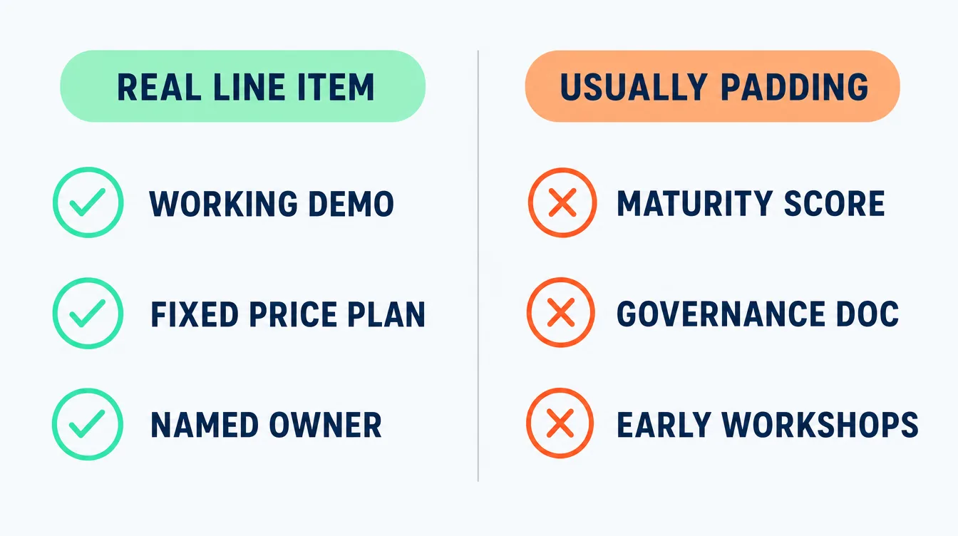 Two-column comparison of a real AI consulting line item against padding: a working demo, a fixed price plan and a named owner on one side, a maturity score, a governance document and early workshops on the other.