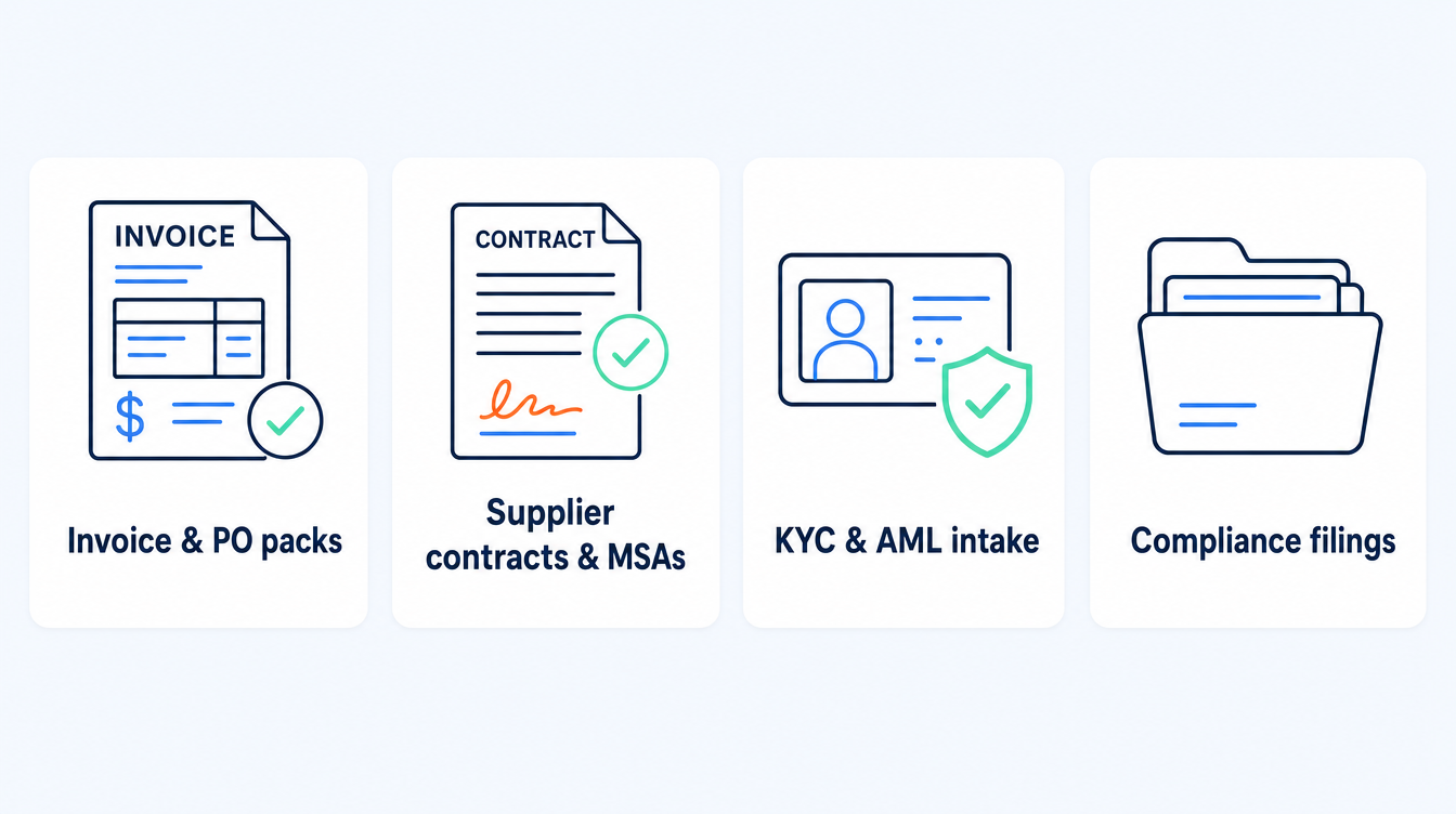 A row of four labelled cards showing the mid-market document types that automate first: invoice and PO packs, supplier contracts and MSAs, KYC and AML intake, and compliance filings, in the SoftBlues brand palette.