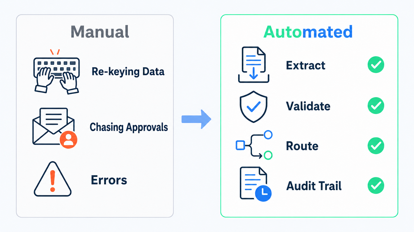 A two-column before-and-after comparison in the SoftBlues palette, contrasting a manual document process with re-keying and chasing on the left against an automated extract, validate, route and audit flow on the right.
