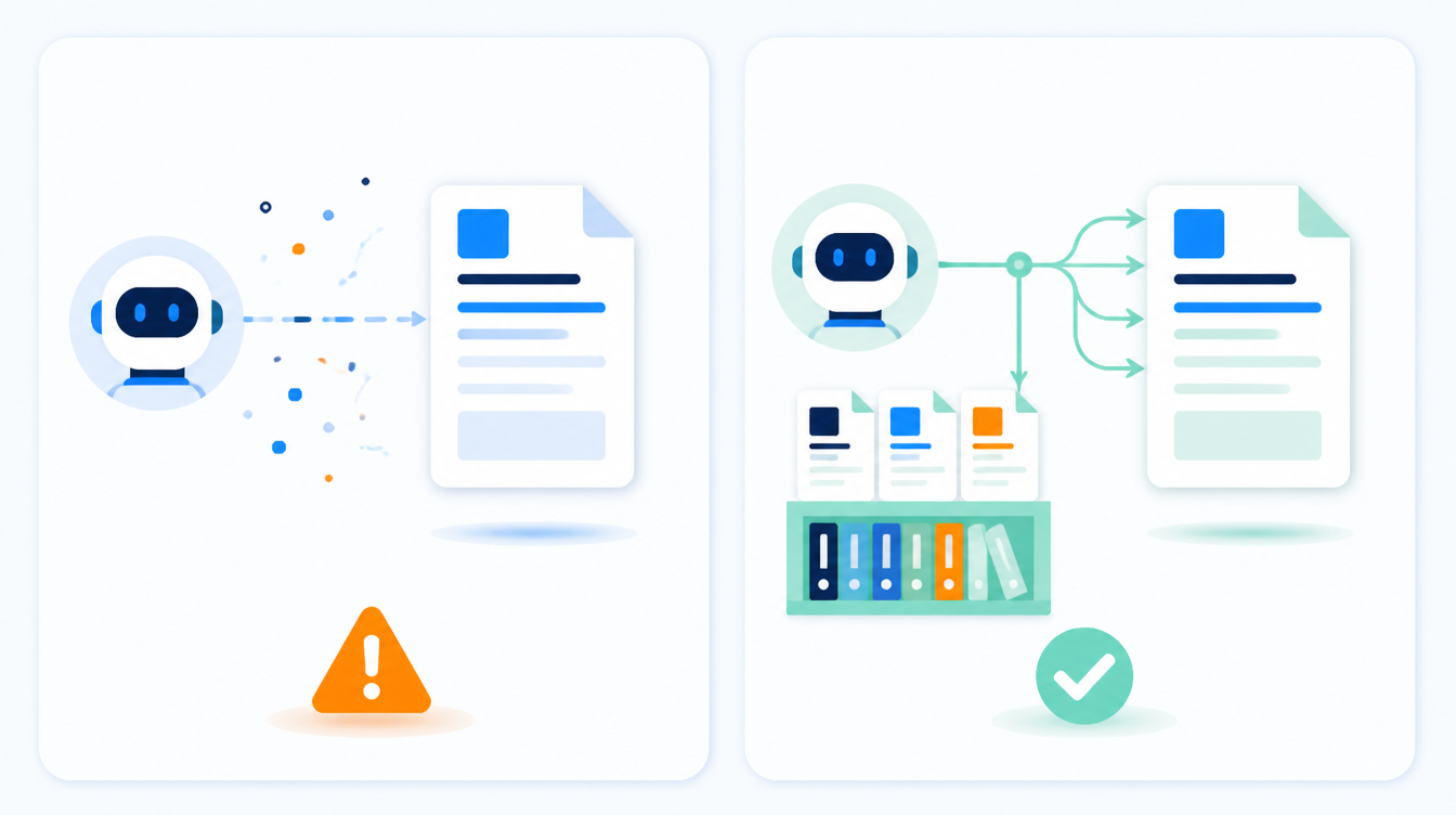Two-column comparison infographic contrasting a generic AI proposal draft against a grounded draft built from a company's own approved content library