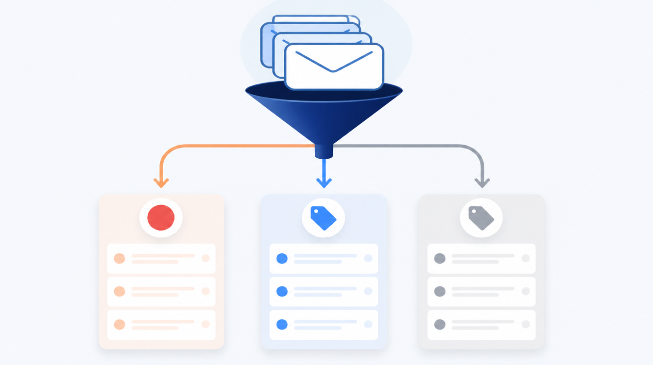 Flat infographic showing a shared inbox split into three routed lanes for urgent, standard and low priority, with the share of the working week spent on email highlighted