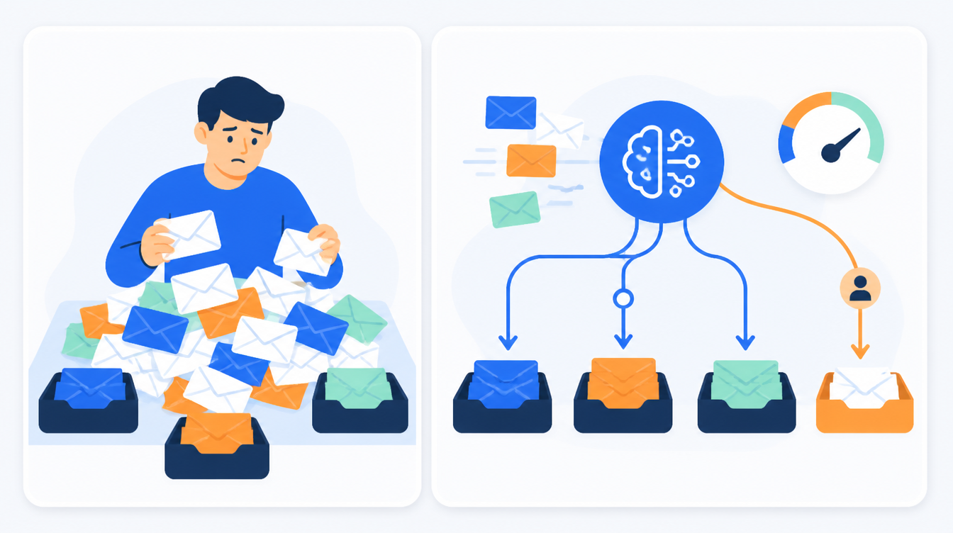 Two-column comparison infographic contrasting manual inbox sorting against AI triage with a confidence threshold and a human review lane