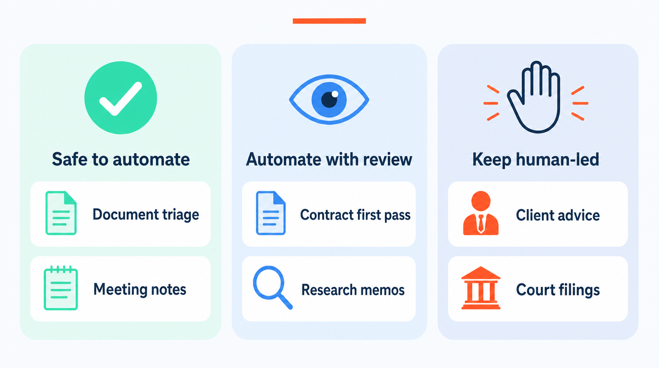 Three flat vector columns sorting legal work by automation risk: safe to automate, automate with lawyer review, and keep human-led, in the SoftBlues brand palette.