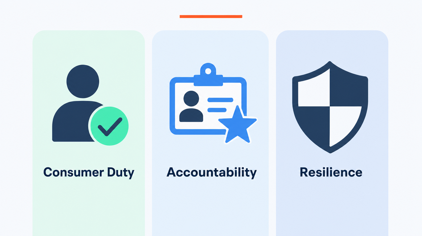 Three flat vector pillars labelled Consumer Duty, Accountability and Resilience, representing the existing UK regulatory frameworks the FCA applies to AI in financial services.