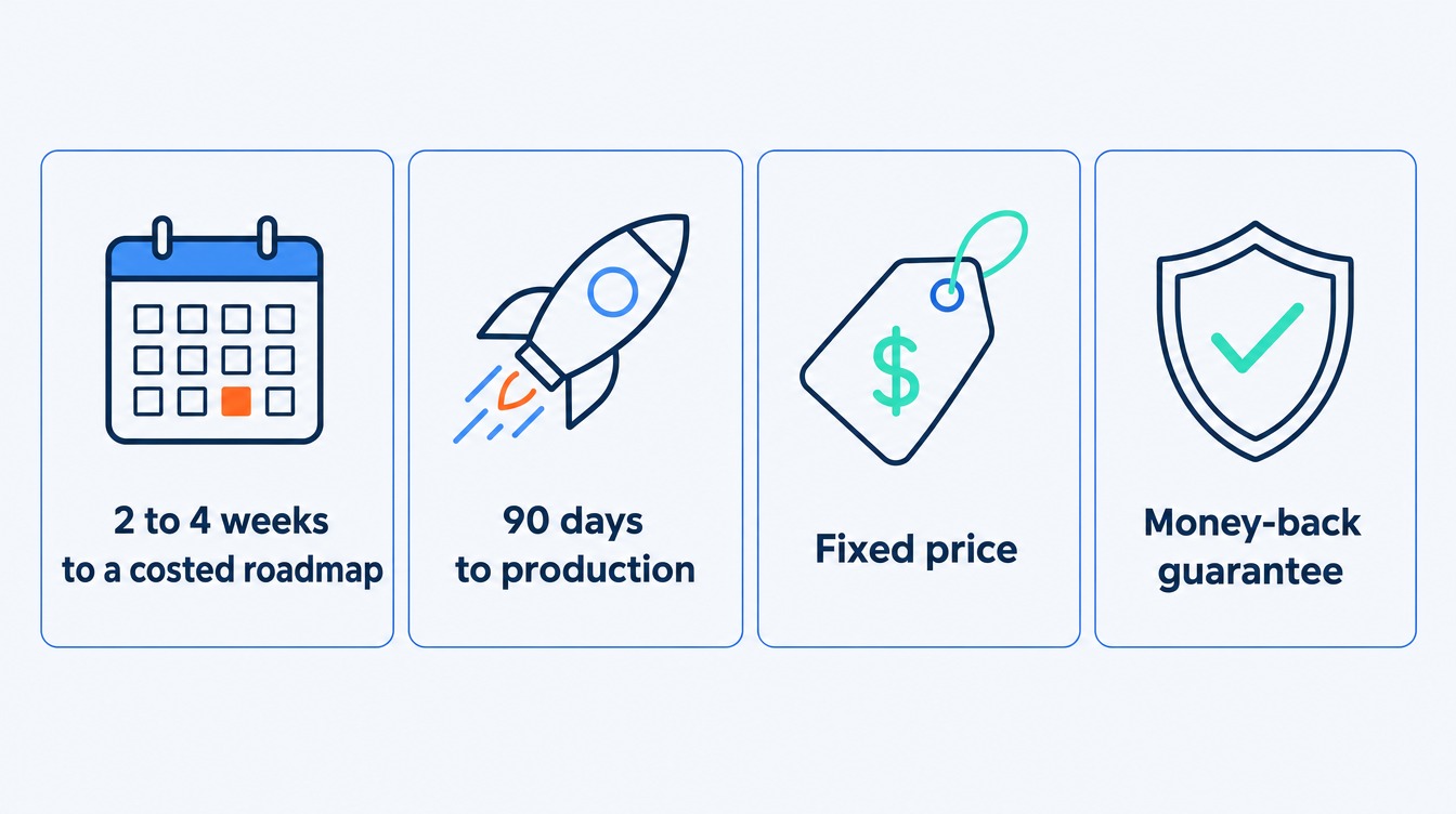 Stat strip showing the SoftBlues AI strategy engagement at a glance: 2 to 4 weeks to a costed roadmap, 90 days to production, fixed price, money-back guarantee if it fails to ship