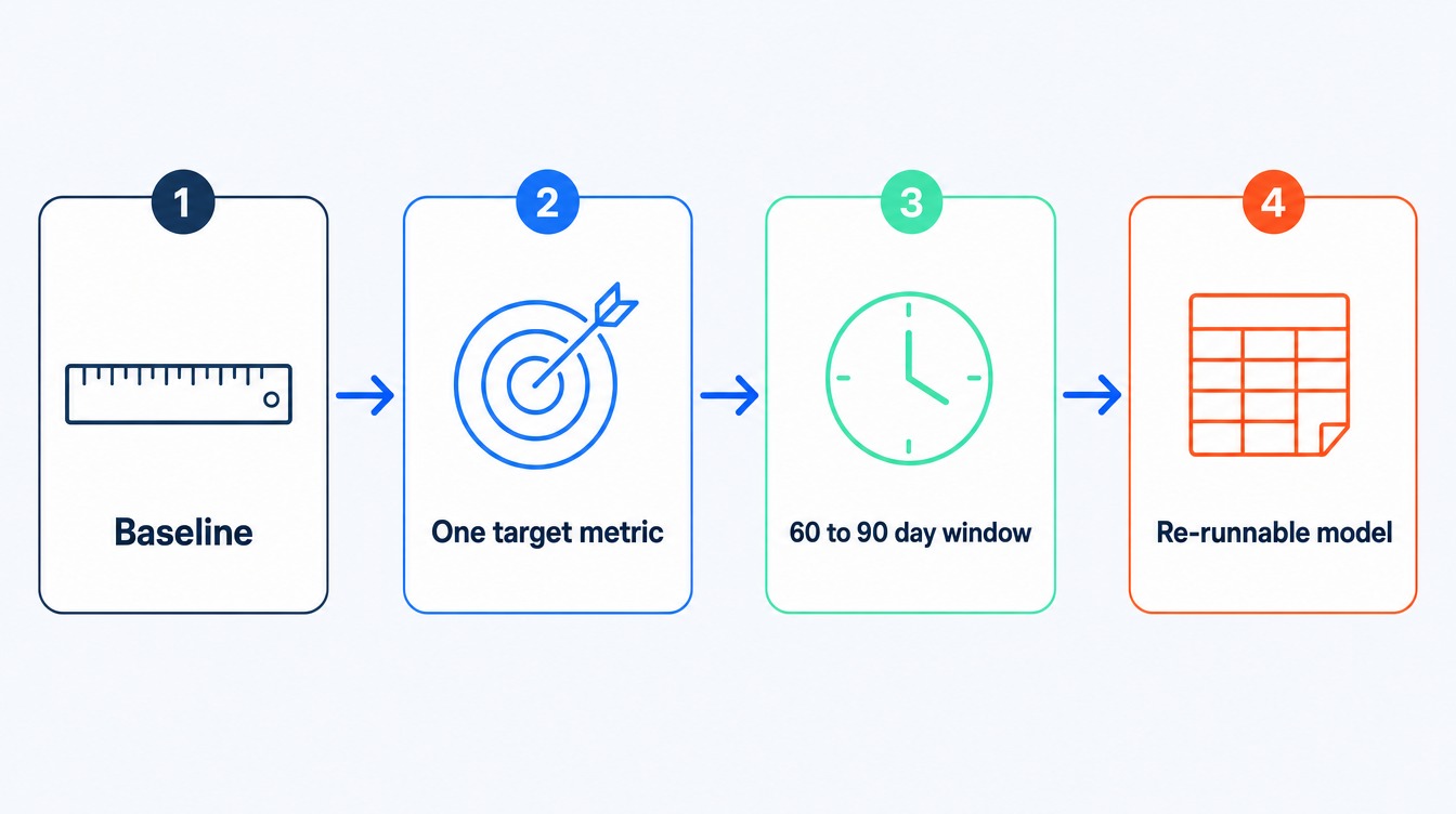 ROI framework shown as four linked steps: baseline, then a single target metric, then a 60 to 90 day measurement window, then a re-runnable model owned by finance