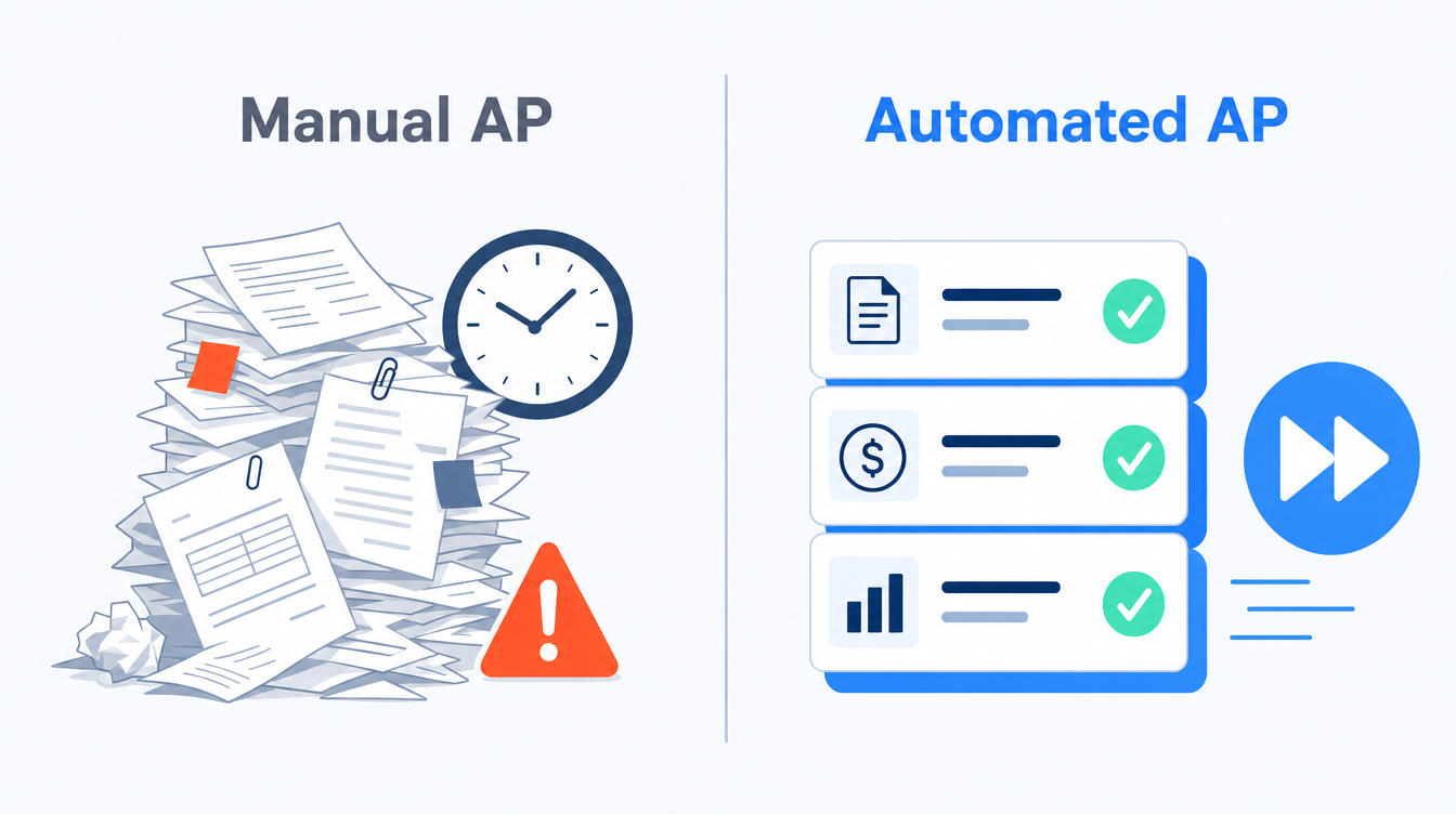 A flat two-column comparison infographic contrasting manual accounts payable with automated accounts payable across capture, matching, approval and posting, with the manual side cluttered and the automated side showing tidy cards and green checks, in SoftBlues brand colours.