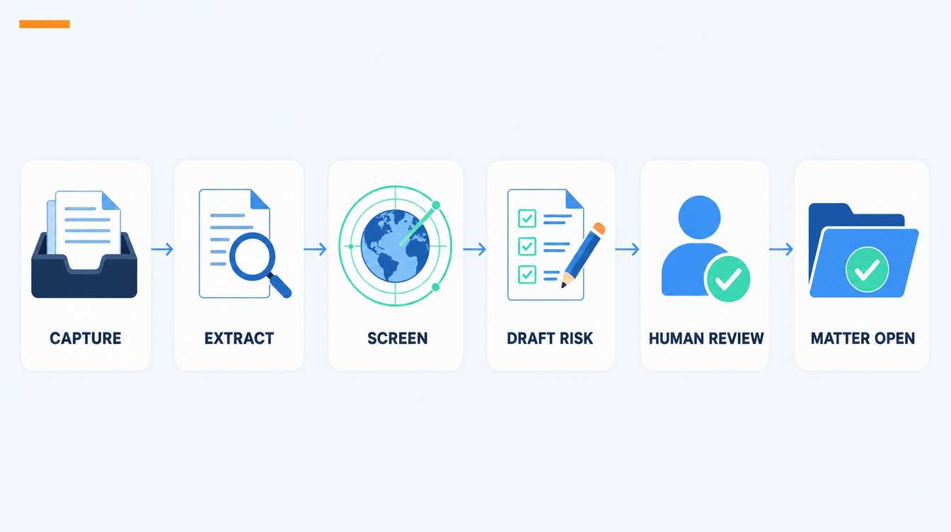 Six-stage automated client intake pipeline: documents arrive, AI extracts data, screening runs against sanctions and PEP lists, the risk assessment is drafted, a human reviews and signs off, the matter opens in the practice system.