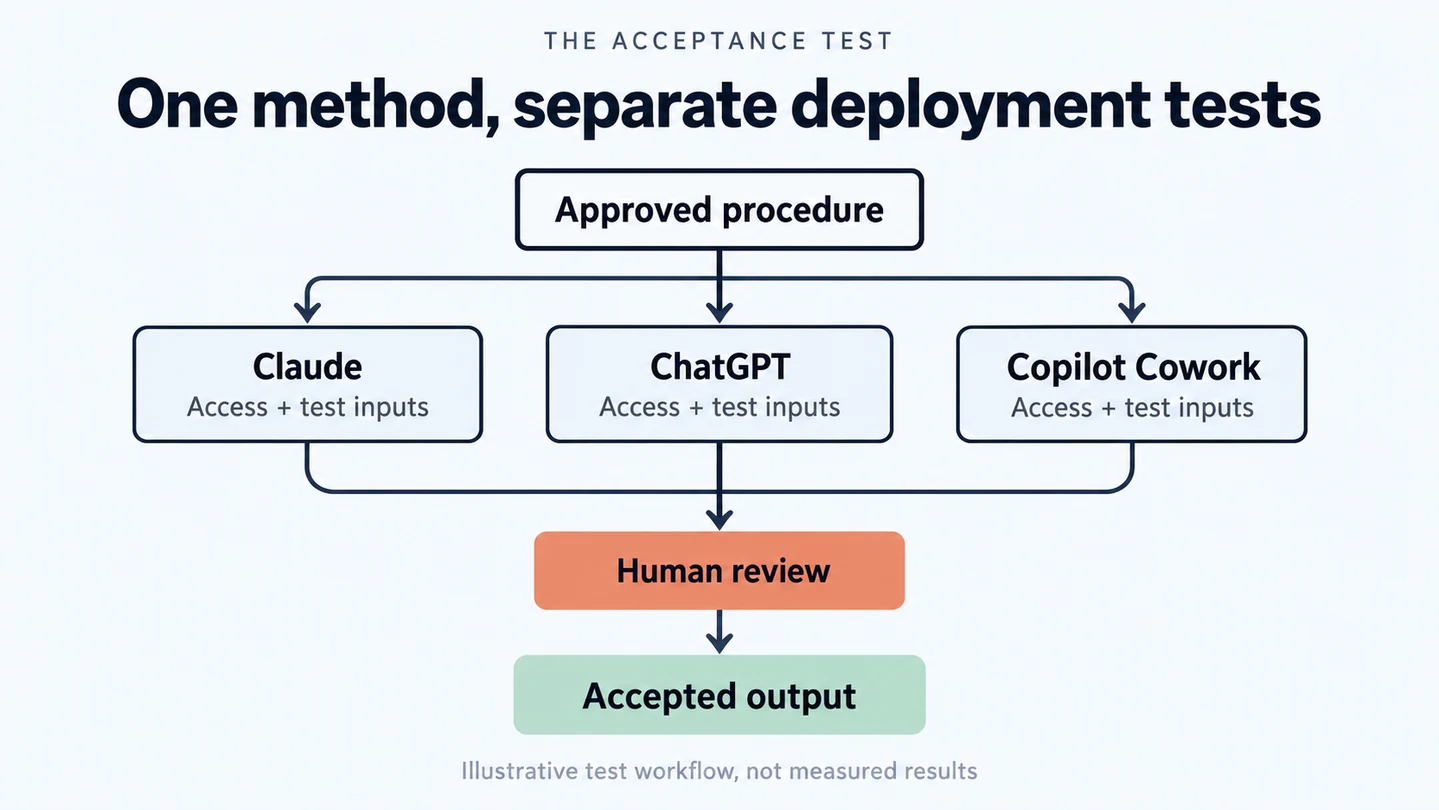 One approved procedure branches into three separately configured platforms, each tested on the same inputs before a named reviewer accepts the output.