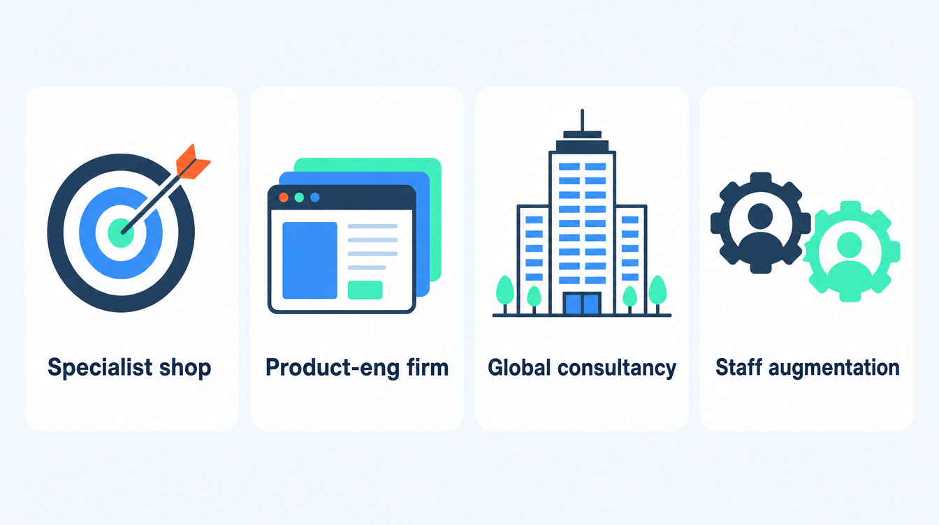 Four cards showing types of Claude agent and MCP development company: a specialist agent and MCP shop for bounded high-value agents, a product-engineering firm for agents built as one feature, a global consultancy with an agent practice for enterprise-wide rollouts, and a staff-augmentation firm for adding engineering capacity to your own team.