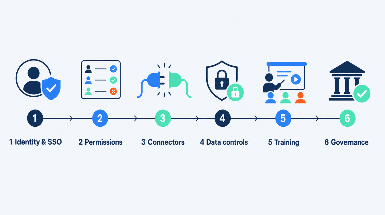 A six-step process strip showing the Claude Enterprise rollout order in the SoftBlues palette: identity and SSO, permissions, connectors, data controls, training, and governance.