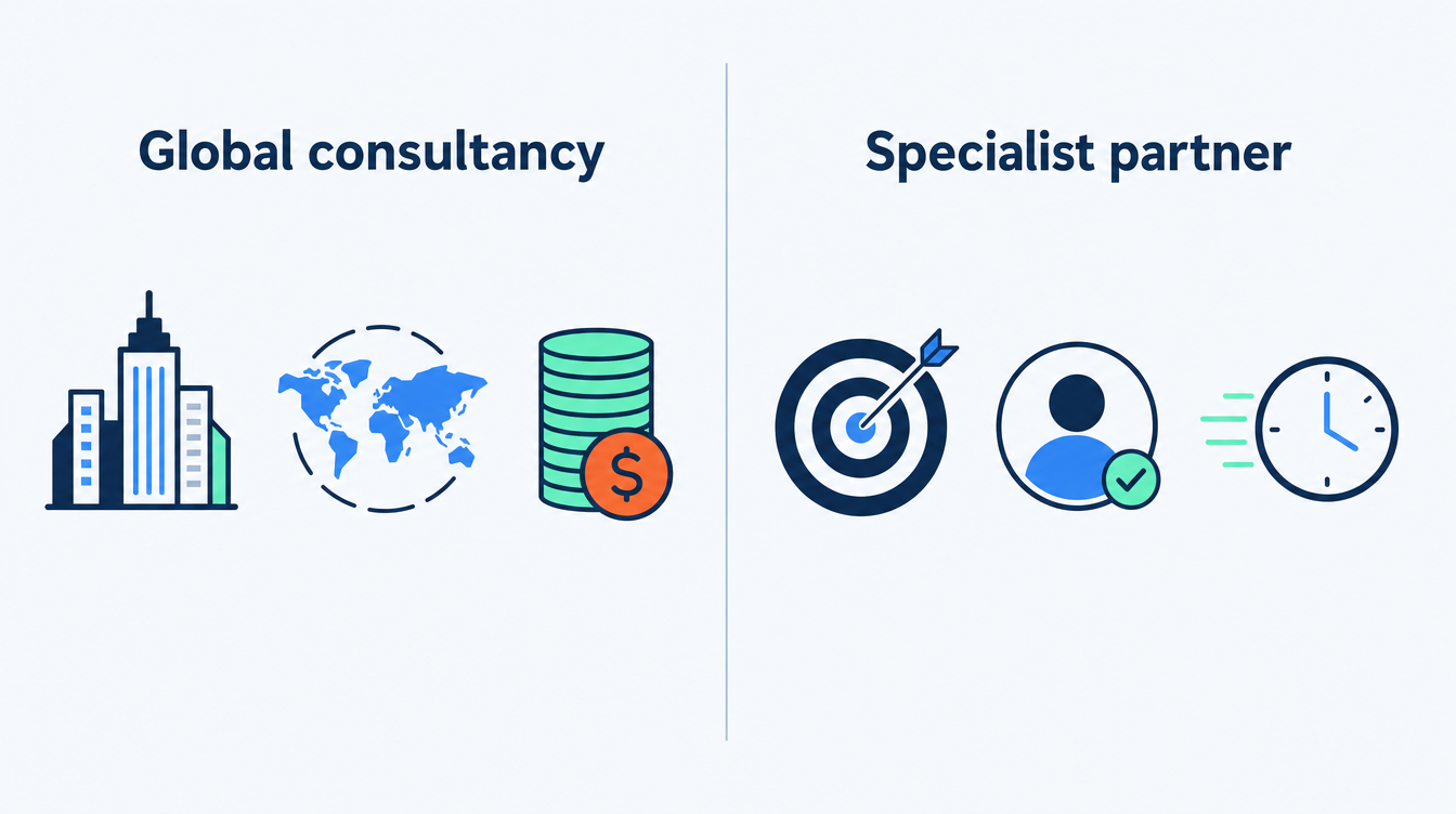 A two-column comparison of a global consultancy versus a specialist implementation partner for a Claude rollout: the consultancy column shows scale, multi-country reach and board-level change budgets; the specialist column shows one system to production, named accountability and fast time-to-live. Both are marked as measured against the same Anthropic tier requirements.