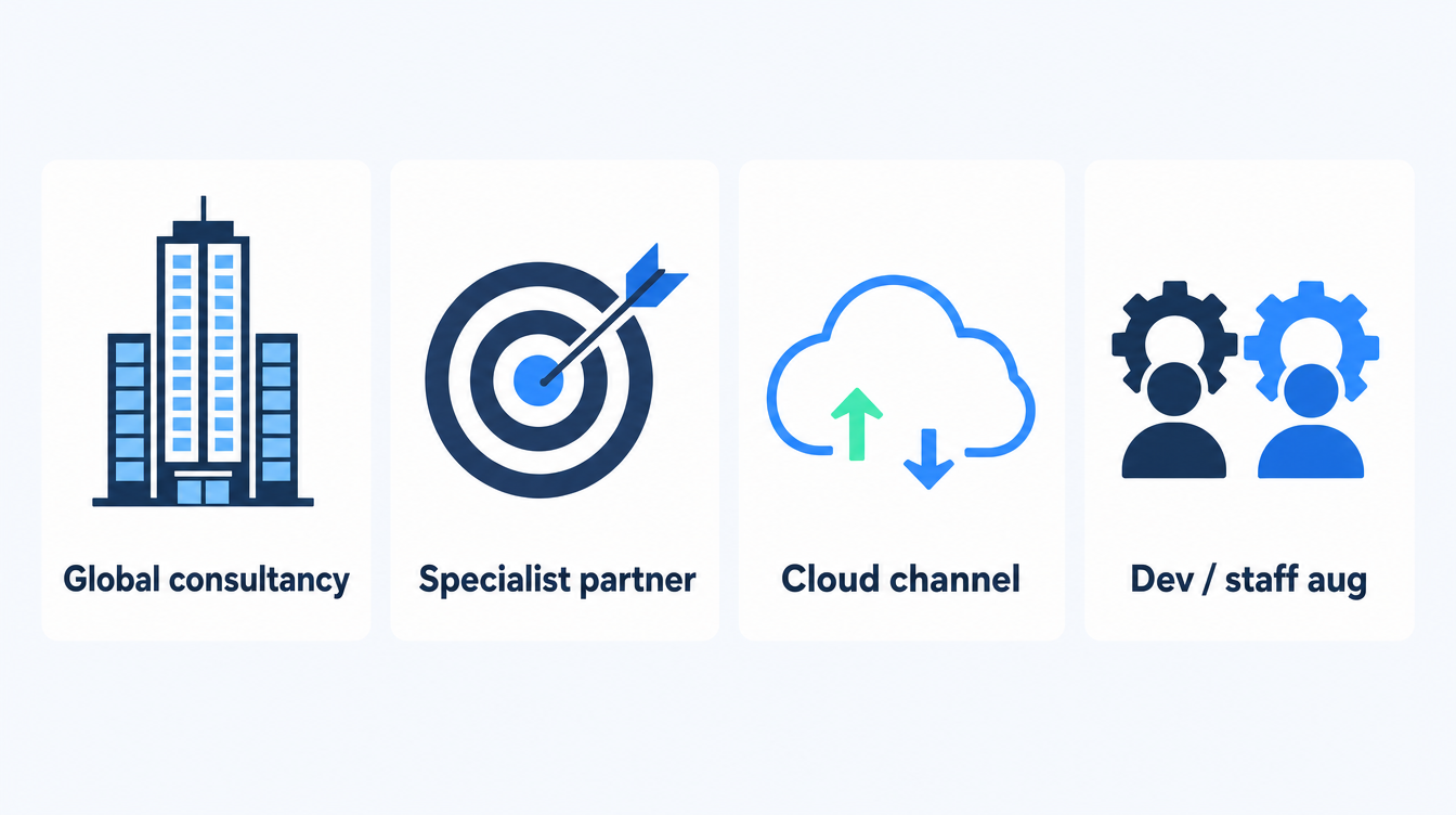 Four cards showing the types of Claude implementation partner: a global consultancy for scale and board-level programmes, a specialist implementation partner for getting one system into production, a cloud and platform channel for buying Claude through AWS, Google Cloud or Microsoft, and a development or staff-augmentation firm for ongoing engineering capacity.