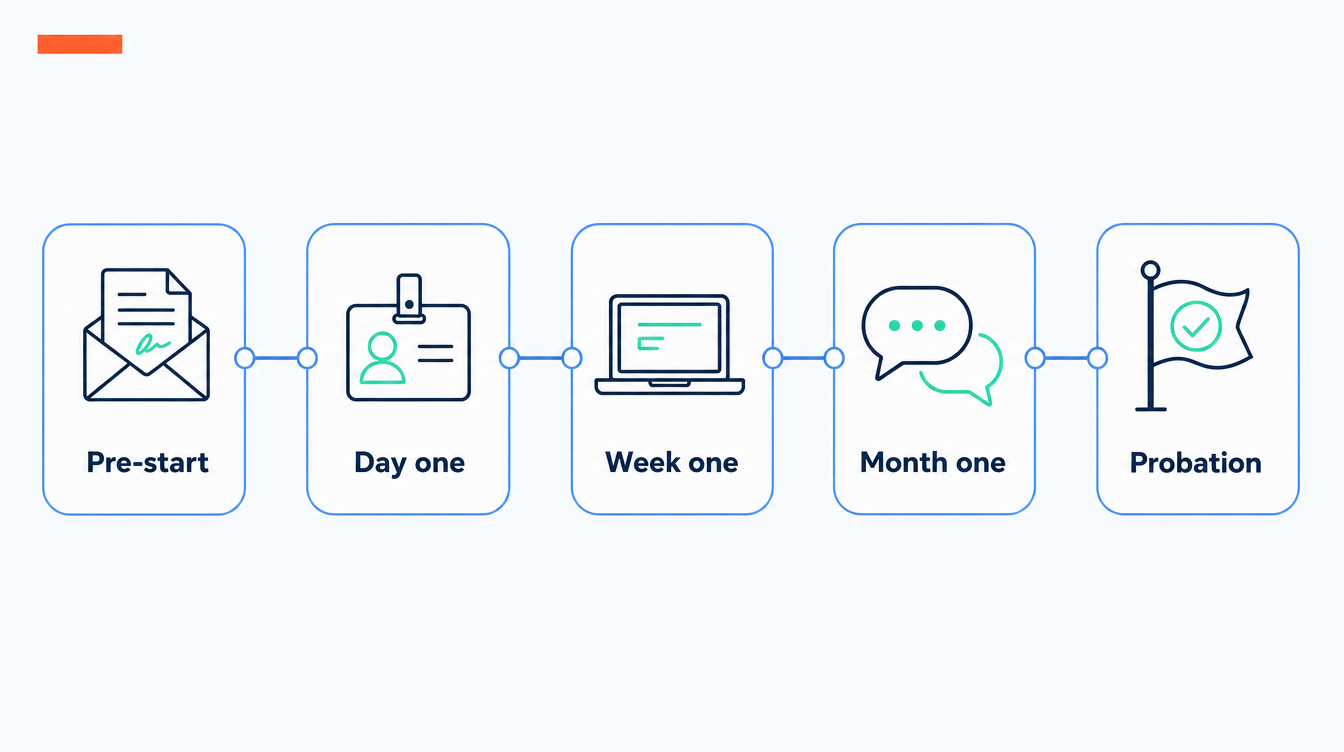 Flat timeline infographic of the five onboarding stages: pre-start, day one, week one, month one and probation, shown as five connected milestone cards.