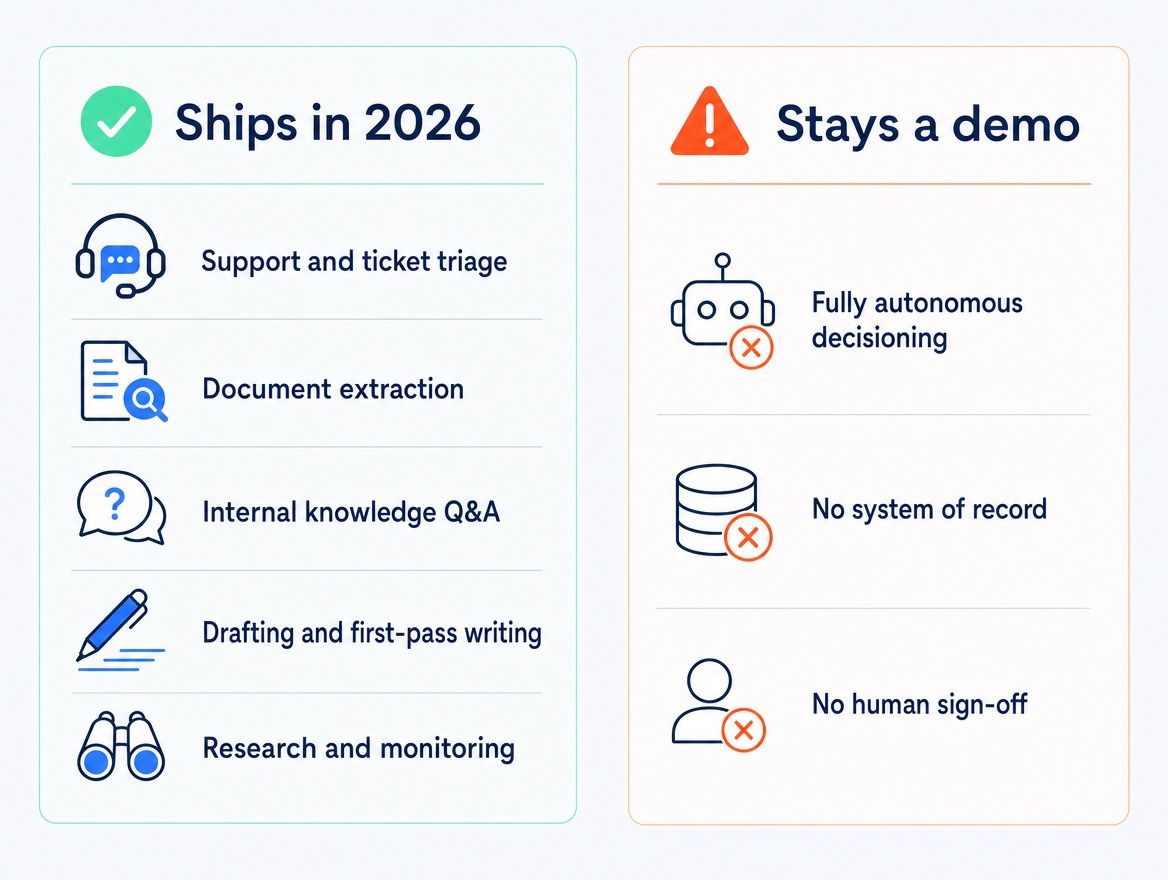Two columns comparing enterprise AI agent use cases that ship in 2026 (support triage, document extraction, internal knowledge Q&A, drafting, research and monitoring) against the ones that stall as demos (fully autonomous decisioning, agents acting without a system of record, open-ended tasks with no human sign-off).