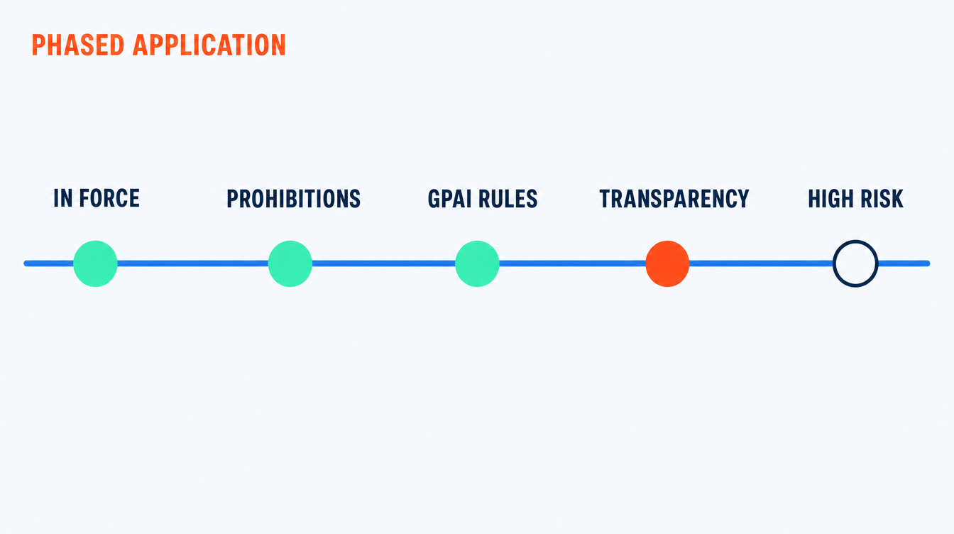 Timeline figure showing the phased application of the EU AI Act, from entry into force through the prohibitions and general-purpose AI rules, the transparency duties in August 2026, and the deferred high-risk obligations in late 2027 and 2028.