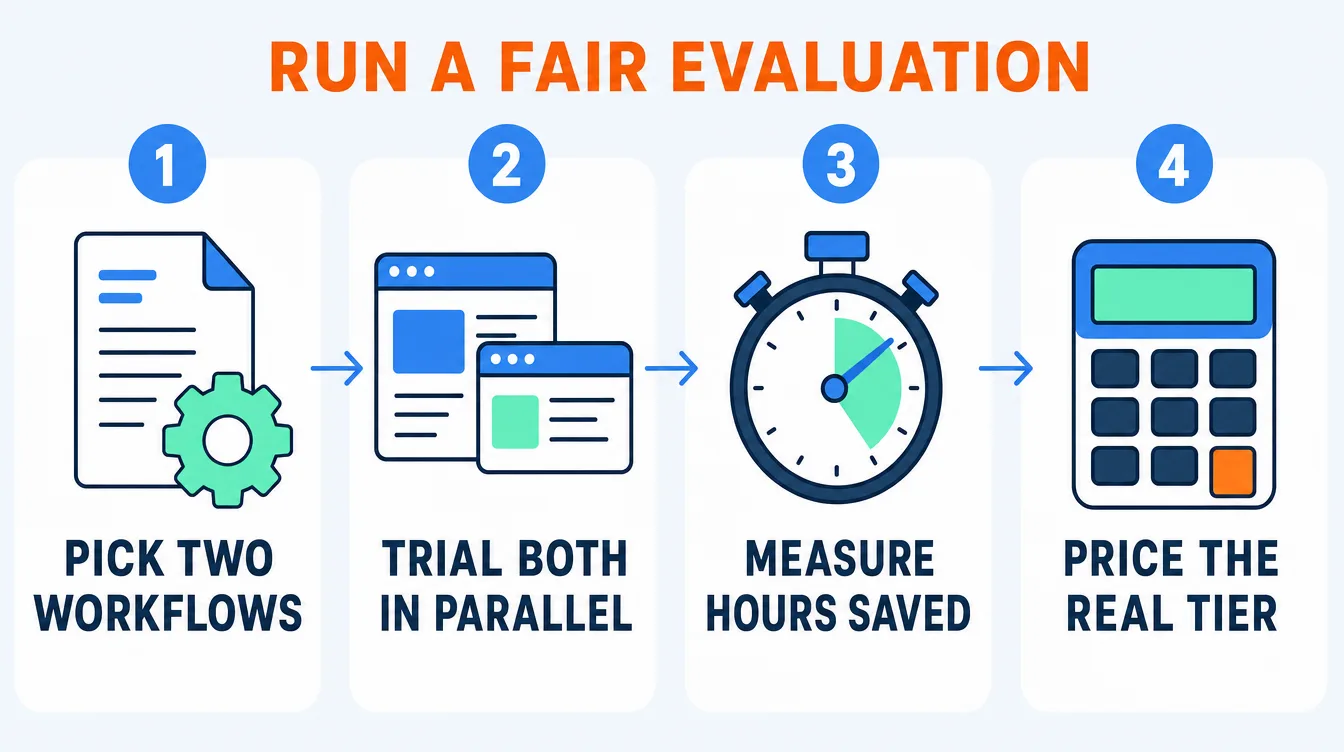 Four-step strip showing how to run a fair evaluation between Gemini Enterprise and Claude Enterprise: pick two real workflows, run both 30-day trials in parallel, measure hours saved per person, then decide on total cost rather than seat price.