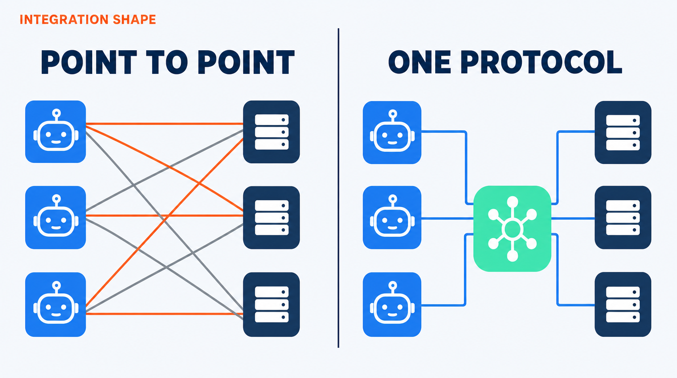 Comparison figure showing the old approach of separate custom integrations between each AI assistant and each business system, against the MCP approach where one connector per system serves any assistant that speaks the protocol.