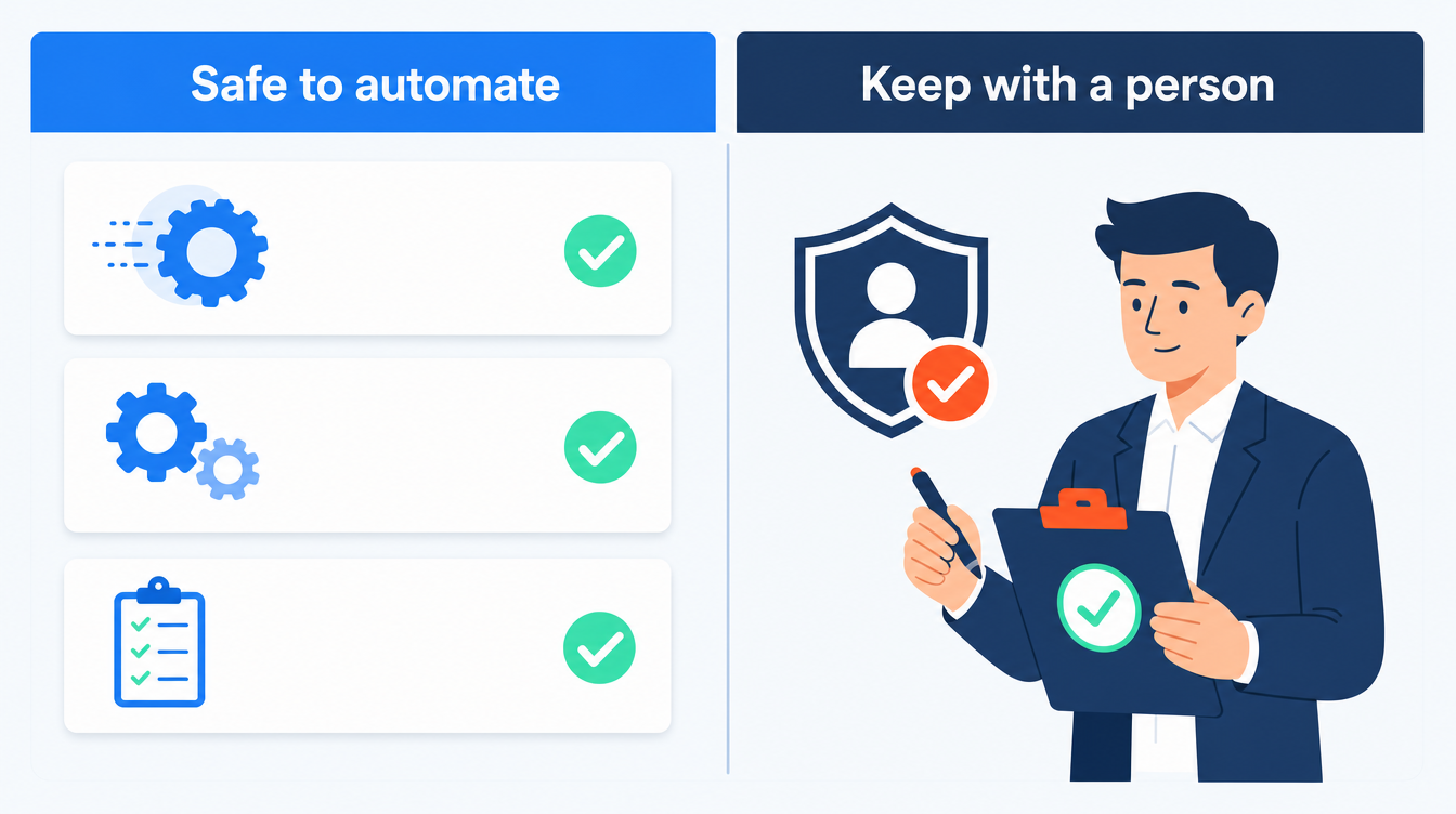 A flat two-column comparison infographic contrasting tasks that are safe to automate in the month-end close with tasks that must stay with a person, the left column showing tidy automated tasks and the right column showing a person approving, in SoftBlues brand colours.